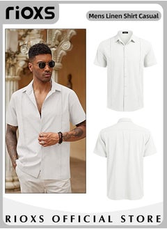 Buy Men's Summer Loose Shirt Cotton Linen Button-Up Top Short Sleeve V-Neck Henley Shirts Casual Comfort Beach Shirt in Saudi Arabia