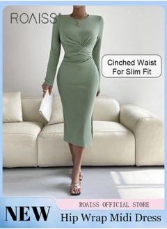 Buy Women Evening Party Dress Waist Pleats and Crossed Tie Design for a Visual Waist Cinching and Slimming Effect Figure Enhancing Slim Fit to Flatter the Body Women Long Sleeve Mid Length Dress in Saudi Arabia