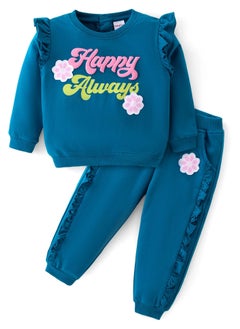 Buy Babyhug - Cotton Knit Full Sleeves Frill Detailed Top & Lounge Pants Set With Text & Floral Print - Royal Blue(9-24 M& 2-5Y) in UAE