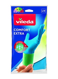 اشتري Vileda Comfort Extra Reusable Rubber Gloves L, Latex,  Absorbent Interior, Protects Your Skin, Blue & Green, Large Size (1 Pair Per Pack) في الامارات