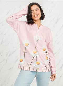 اشتري Floral Print Drop Shoulder Zip Closure Sweatshirt في السعودية