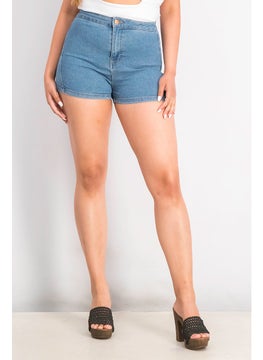 Buy Women Solid Stretchable Denim Short, Blue in Saudi Arabia