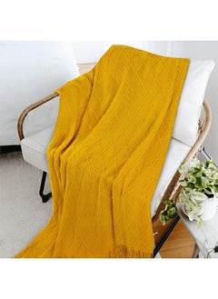 اشتري Knitted Blanket Comfortable and Lightweight Decorative Blanket Warm Woven Blanket with Tassels for Sofa Bed and Living Room - Yellow في السعودية