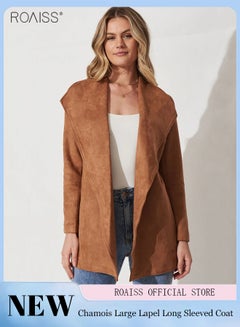 Buy Women's Fashion Suede Lapel Coat Casual Solid Color Long Sleeved Cardigan Mid Length Waistband Soft Trench Coat in Saudi Arabia