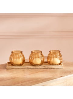 Buy Den Glass 3-Piece Candle Holder Set with Wooden Tray 29 x 1.5 x 10 cm in Saudi Arabia