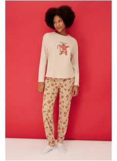 Buy Cream 100% Cotton Christmas Theme T-shirt-Pants and Knitted Pajamas Set THMAW24PT00061 in Egypt