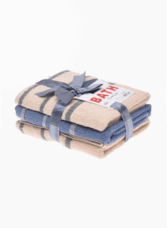 Buy 100% Cotton Hand Towel Set of 3 Beige/ Denim Blue/ Beige 50x90 cm in UAE