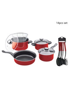 Buy 14 Piece Non Stick Cookware Set Red/Black in UAE