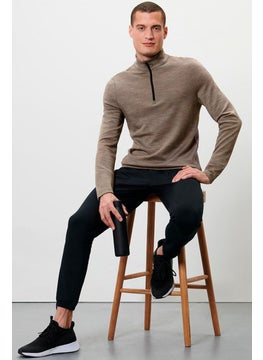 Buy Men High Neck Long Sleeve Textured T-Shirt,  Peach in UAE