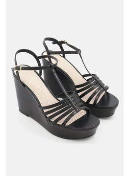 Buy Women Medium Adjustable Buckle Wedge, Black in Saudi Arabia