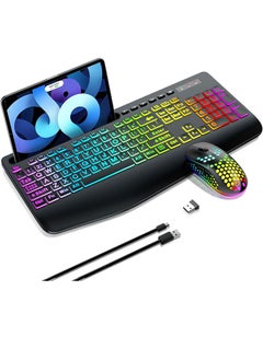 Buy Garlo Wireless Keyboard and Mouse Combo, Membrane Silent Gaming Keyboard with Mechanical Feeling, Full-Size Bluetooth/2.4GHz/wired keyboard, RGB Backlit, Ergonomic Wrist Rest for PC/Computer/Mac/PS5 in UAE