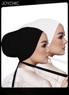 اشتري 2 Packs Women Solid Color Modal Elastic Strap Hijab Skin-friendly Under Scarf with Adjustable Tie-Back Closure Black and White في السعودية