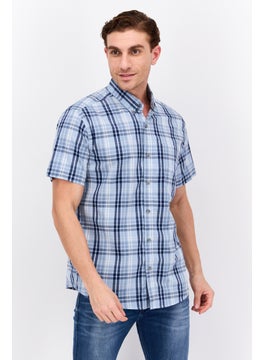 اشتري Men Regular Fit Micro Checkered Print Short Sleeve Casual Shirt, Blue في الامارات