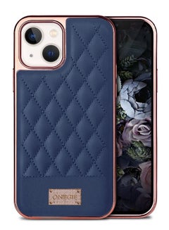 اشتري iPhone 14 Case Luxury PU Leather Case 3D Embroidery Heavy Duty Shockproof with Electroplating Frame Dark Blue في الامارات