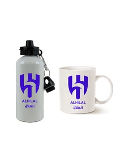 اشتري مج من السيراميك مع زجاجة شرب الومنيوم بطبعة تصميم "شعار نادي الهلال السعودي" بلون أبيض في السعودية
