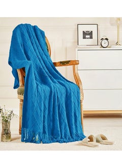 Buy Soft Cozy Knit Blanket with Tassels for Couch and Bed Dark Blue in UAE