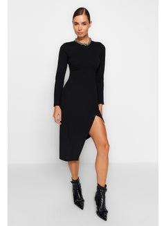 Buy Black Crew Neck Slit Detailed Fitted Midi Knitted Dress TWOAW24EL00168. in Egypt