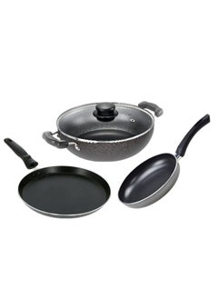 Buy 4-Piece Non-Stick Fry Pan and Wok with Glass Lid Set Grey/Black in UAE