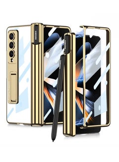 اشتري Phone Case for Samsung Galaxy Z Fold 4 Magnetic Hinge Protection Z Fold 4 Case with Holder Transparent Plating PC Crystal Cover Front Glass All-Inclusive Case Gold with S Pen Holder في الامارات