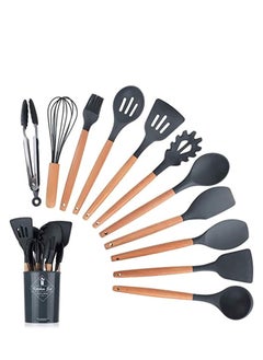 Buy 12PCS Kitchen Utensil Set Silicone Cooking Utensils Kit Spatula Heat Resistant Wooden Spoons Gadgets Tool for Non-Stick Cookware (Black) in UAE