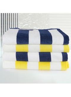 اشتري 4 Piece Bathroom Towel Set TREND 450 GSM 100% Cotton Velour 4 Bath Towel 70x140 cm Blue & yellow Color Modern Stripe Design Luxury Touch Extra Absorbent في الامارات