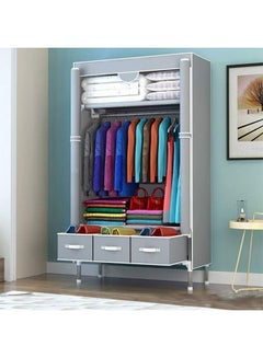 Buy Fabric Wardrobe Clothes Storage Closet with Three Drawer Zipper Foldable Non-Woven Cover Hanging Rod Freestanding Canvas Garment Organizer Rack for Bedroom Home (Grey) in Saudi Arabia