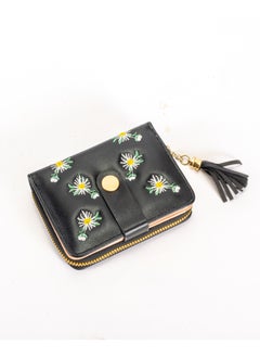 Buy Leather Flip Wallet & CardHolder with 9 Pockets and Zipped Pocket Flowery Black in Egypt