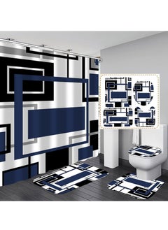 اشتري Shower Curtain Sets 4 Pcs Blue Geometric Shower Curtain Sets with 12 Hooks Non-Slip Rugs U-Shaped Bath Mat Toilet Cover Abstract Geometric Modern Black and Blue Bathroom Set في الامارات