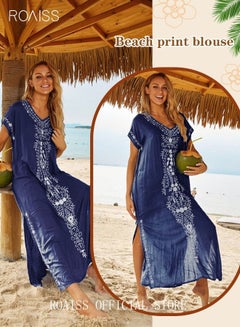 Buy Women Long Swimsuit Cover up Floral Embroidered Beach Blouse Beachwear Bohemian Robe Ladies Loose Dress Casual Large Size Swim Sunscreen for Summer Dark Blue in Saudi Arabia