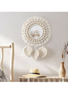 Buy Hanging Wall Mirror, Boho Macrame Fringe Round Decorative Mirror with Wood Beads Feather Pendant, Art Ornament for Apartment Home Bedroom Living Room Decoration and Gift (Ivory) in UAE