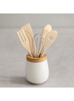 Buy Princess 6 Piece Utensils Set Porcelain Bamboo Utensil Kit Essential Cooking Utensil Set For Home Kitchen & Dining Room L10.5xW10.5xH25.5cm White in UAE