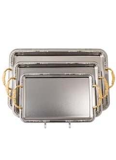 Buy A set of 3-piece stainless steel serving trays, chrome and golden handle in Saudi Arabia