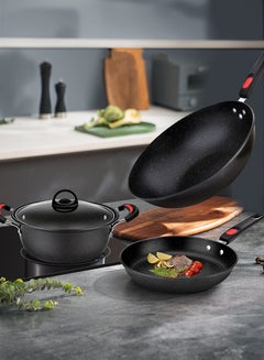 Buy 3-Piece Pot Set Non-Stick Surface Frying Pan Saute Pan Soup Pot Casserole With Lid Saucepan With Lid Kitchen Tools - Black  and Camping Available in Saudi Arabia