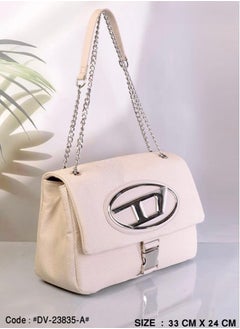 Buy Elegant Beige Linen and leather Shoulder Bag with Metal handle in Egypt