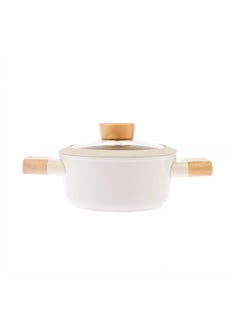 Buy Swiss Crystal High Quality Ceramic Coating Non-Stick Casserole - 18cm- Glass Lid With Protective Silicon Edge - Natural Wood Handles and Knob - Beige in UAE