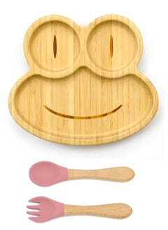 Buy Wooden Bamboo Cartoon Dinner Plate Silicone Suction With Silicone Bamboo Spoon Fork Set for Baby Feeding: Frog Design - Pink in UAE