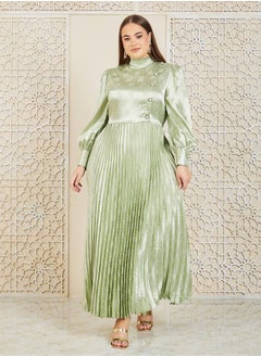 Buy Satin Jacquard Print Accordion Pleats A-Line Maxi Dress in Saudi Arabia