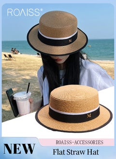 اشتري قبعة قش كلاسيكية بقمة مسطحة للنساء، قبعة صيفية للشاطئ والعطلات، توفر الظل وحماية من أشعة الشمس، قبعة محبوكة مزينة بحروف، إكسسوارات أزياء في الامارات