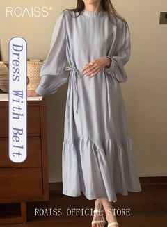Buy Women's Casual Dress Round Puff Sleeves Ruffled Hem with Ties On Both Sides Slim Fit Gentle and Minimalist in Saudi Arabia