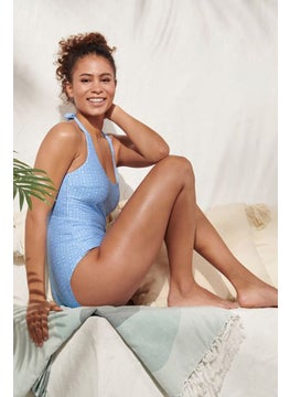 Buy Women All Over Print One Piece Swimsuit, Light Blue in UAE