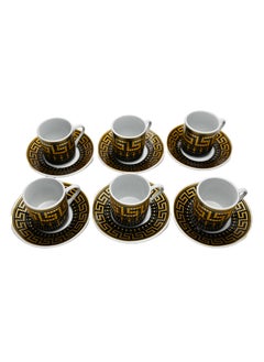 Buy Luxury Gold Espresso Cups 12 Pieces Set, 6 Cups + 6 Saucers Meander Style Small Porcelain Arab Gold Coffee Cups And Saucers 6Pcs Turkish Espresso Coffee Cup Dish Set in UAE