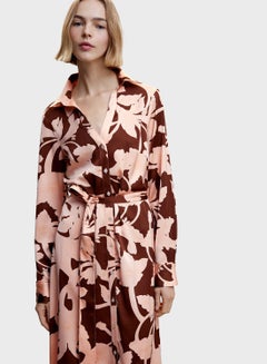 Buy Floral Print Belted Button Down Dress in UAE
