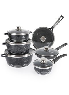 اشتري 12-Piece Granite Pots and Pans Set Molded Looped Handles with Premium Glass Lids -Non Stick Cookware Set Includes Casserroles 20/24/28cm, Frying Pans 20/24cm and Sauce Pan 16cm Oven Safe Grey في الامارات