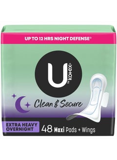 Buy Clean & Secure Overnight Maxi Pads with Wings, Extra Heavy Absorbency, 48 Count (2 Packs of 24) (Packaging May Vary) in UAE