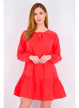 اشتري Women Tie Neck Long Sleeve Plain Dress, Red في الامارات