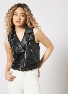 Buy Faux Leather Sleeveless Jacket in Saudi Arabia