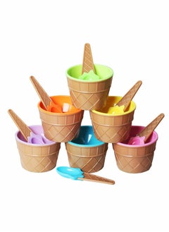 Buy Ice Cream Dessert Bowls and Matching Spoons, Plastic, Assorted Cute Colours, Wafer Design,Set of 6 in UAE