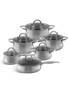 Buy EDENBERG 12-piece Stainless Steel Cookware Set with Marble Coating Deep Frypan| Stainless Steel Cookware | Stainless Steel Fry Pan | Cast Iron Deep Pot| Butter Pot| Chamber Pot with Lid in UAE