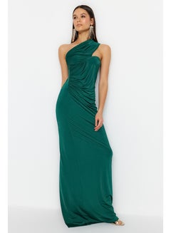 Buy Emerald Green One-Shoulder Shirring Detailed Evening Dress TPRSS23AE00257 in Egypt