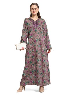 اشتري MULTICOLOUR FLORAL PRINTED WITH EMBROIDERED ELEGANT ARABIC KAFTAN CASUAL JALABIYA DRESS في الامارات